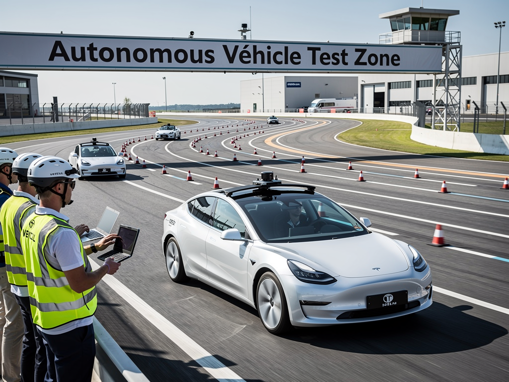 A photorealistic image of an autonomous vehicle technology demonstration, showcasing self-driving cars testing on a test track.