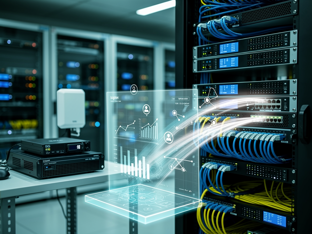 A photorealistic image of edge computing infrastructure with servers and data processing happening at the network edge.