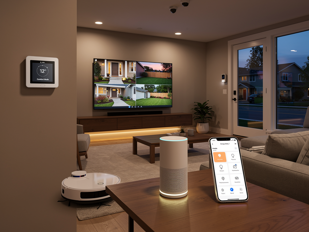 A photorealistic image of a smart home system, showing AI devices interacting to provide security and comfort.