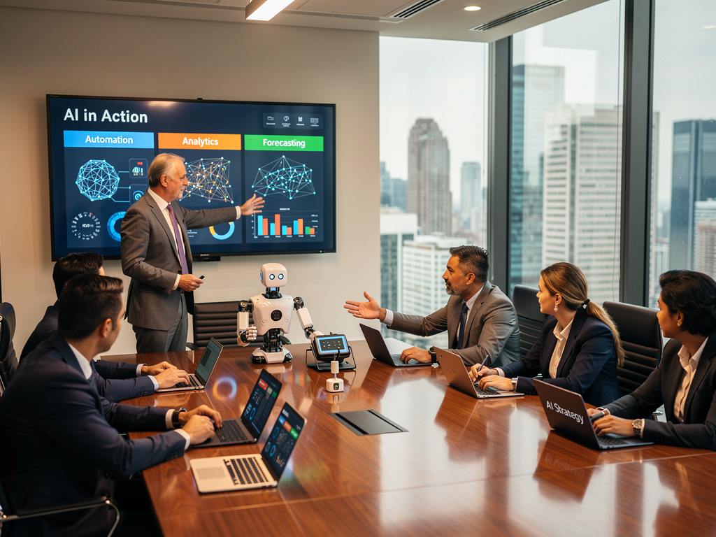 A photorealistic image of a business meeting where AI technologies are being discussed and demonstrated for practical applications.